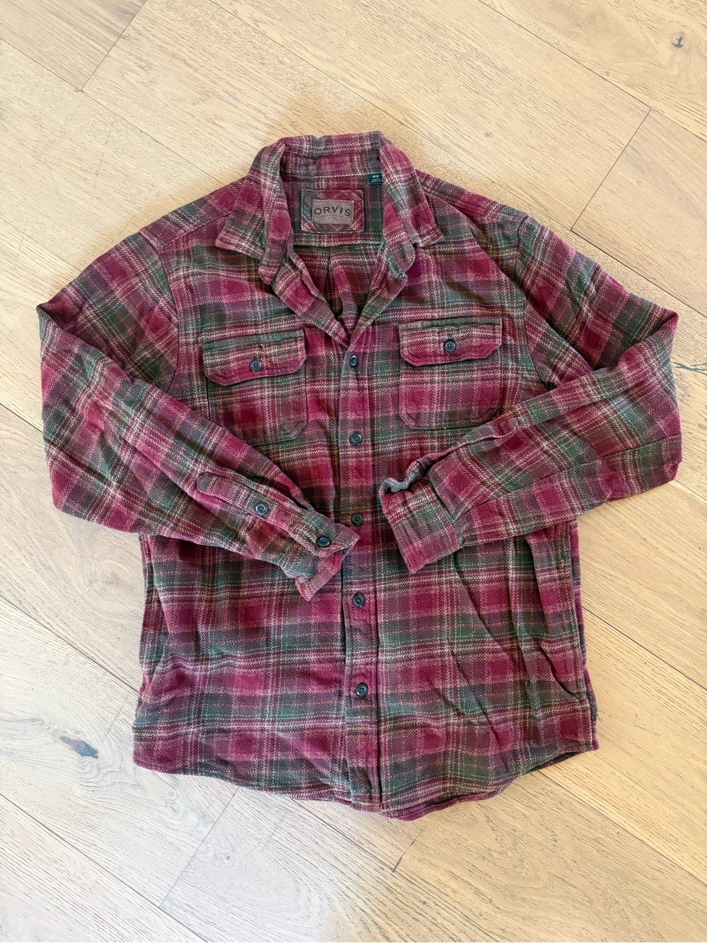 Orvis Men's Maroon and Green Plaid Button-Down Shirt